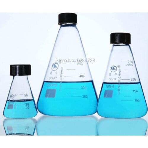 1pcs Borosilicate glass conical flask with black spiral lid capacity 50ml to 1000ml Laboratory glass container