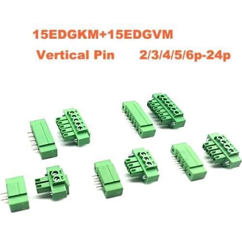 20Sets Pitch 3.81mm Pluggable PCB Screw Terminal Block Connector Male/Female Bornier 15EDGKM+VM/RM 2/3/4/5/6Pin Morsettiera