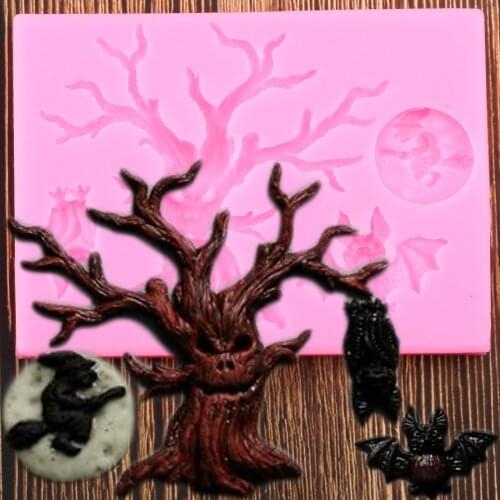 3D Halloween Tree Silicone Mold Owl Cake Decorating Fondant Mold Cupcake Baking Clay Candy Chocolate Gumpaste Mould