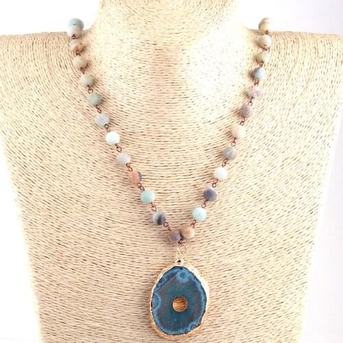 Free Shipping Fashion Bohemian Jewelry Amazonite Stones Rosary Chain Blue Natural Stone Pendant Necklaces