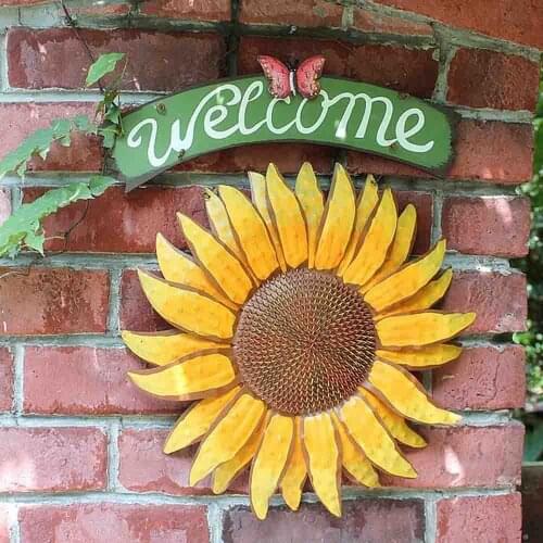 Wooden Hanging Ornament Sunflower Welcome Sign Decorative Vintage Metal Wall Hanging Home Garden Courtyard Decoration Welcome