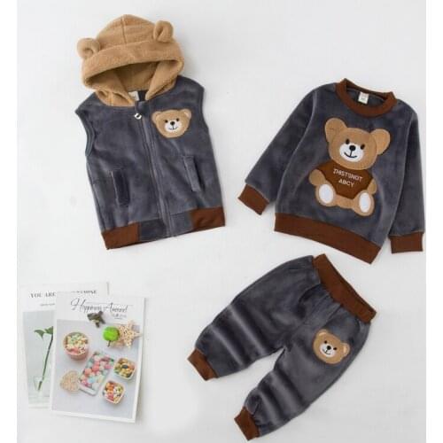 Childrens Clothing 2020 Winter New Girls Clothes Suit For Boy 3ps Kids Clothing Thickened Cashmere Hat Cartoon Bear Sports Set