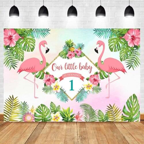 Flamingo First Birthday Party Backdrop Floral Greenery Little Baby 1st Birthday Photography Background Summer Party Backdrop