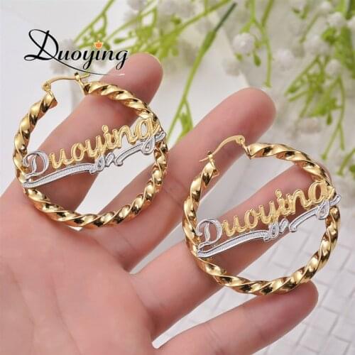 Personalized Rope Hoop Earrings Hiphop Double Color Gold&Silver Plated Hoop Earrings Customize Name Earrings Summer Jewelry
