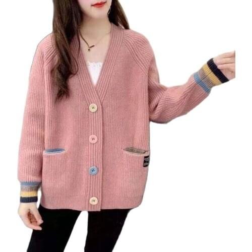 2021New Rainbow Buckle Sweater Cardigan Spring Autumn Long Sleeve Knitted Cardigan Jacket Loose Large Size Female Sweater Q93