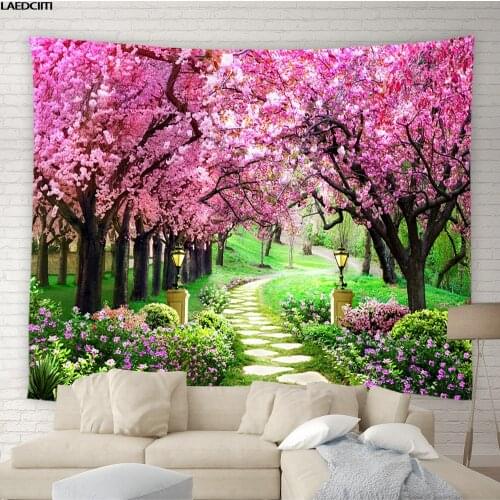 Beautiful Pink Flower Tapestry Green Plant Waterfall Natural Scenery Wall Hanging Bohemia Hippie Tablecloth Curtain Home Decor