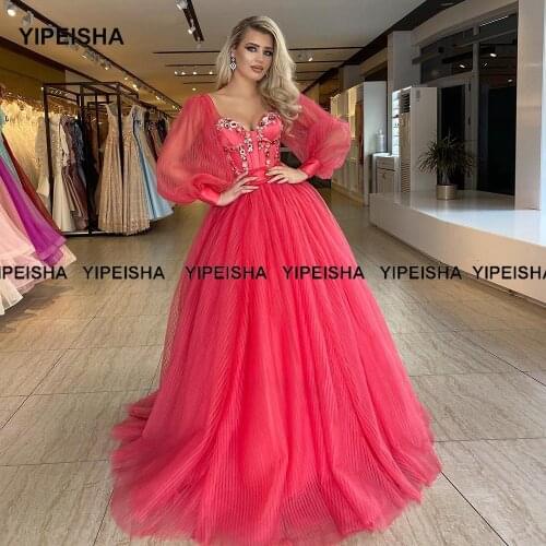 Yipeisha Red Evening Dresses Full Sleeves Prom Gowns 3D Flower Beaded A-line Formal Party Gowns for Wedding Robe de Soiree 2021