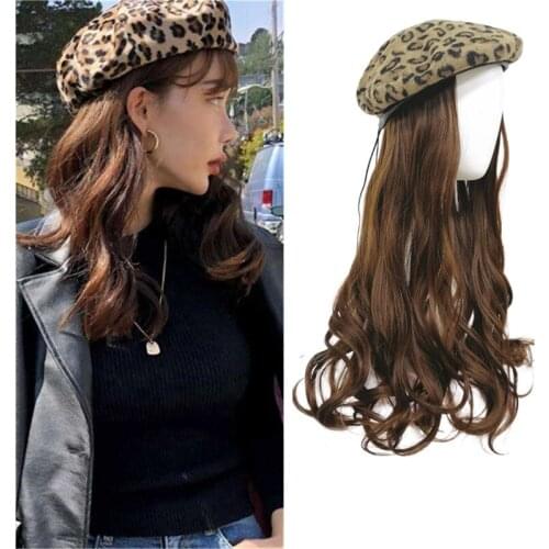 Leopard beret hat long curly wig integrated wig hat integrated