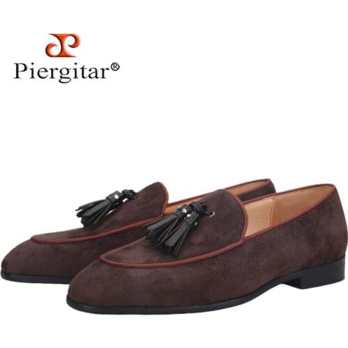 Piergitar New Summer Style Men Leather Tassel Loafers British Classic Design Men Smoking Slippers For Wedding And Party Red Sole
