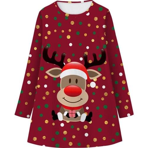 6-12 Years Old Girls Christmas Dress Autumn Cartoon Christmas Deer And Snow Man Full Sleeve Dresses Children Home Party Clothes