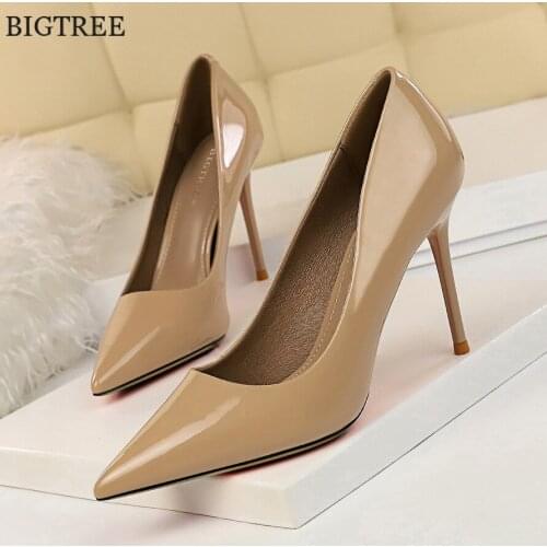 Women Pumps High Heels Shoes Woman Patent Leather Stiletto Female Sexy Party Shoes OL Office Lady Wedding Pointed Toe Size 34-43