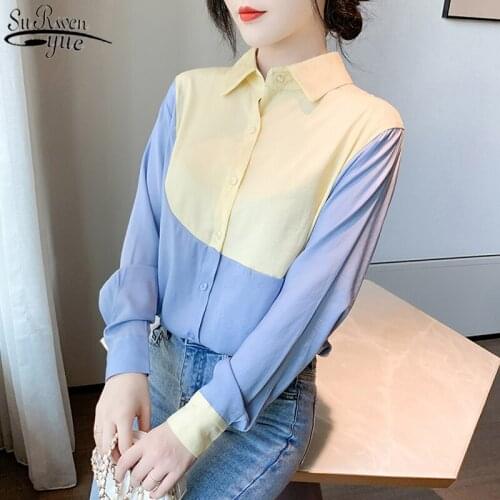 Korean Style Temperament All-match Long-Sleeve Womens Blouse 2021 Autumn Stitching Shirt Lapel Women Blouses Camisa 11047