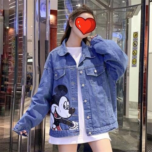 Disney Mickey Mouse Womens Denim Cropped Jacket Cartoon Autumn Female Pockets Jean Jacket 2021 Fashion Button Casual Loose Coat