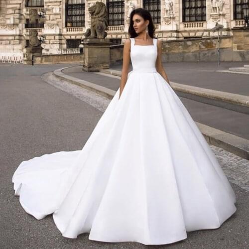 On Zhu Vintage Wedding Dress White 2021 Simple Satin Buttons Beach Bridal Dresses With Pocket Princess Wedding Party Gown