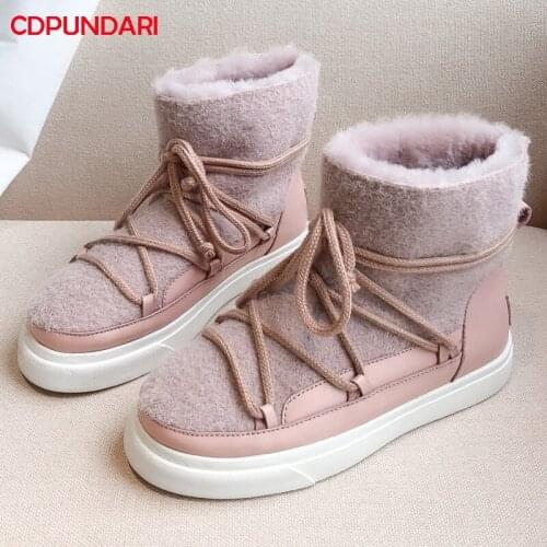 2021 Luxury Genuine Leather Wool Snow Flat Platform Ankle Boots For Women Winter Short Boots Shoes Waterproof Botines Mujer