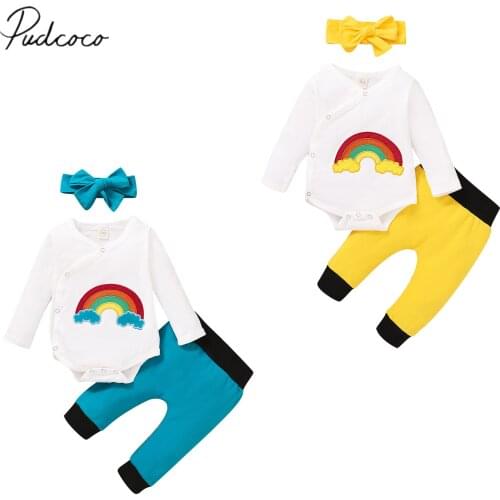 Infant Newborn Baby Girls Boys Spring Autumn 3Pcs Set Long Sleeve Embroidery Rainbow Bodysuits Pants Headband Outfits