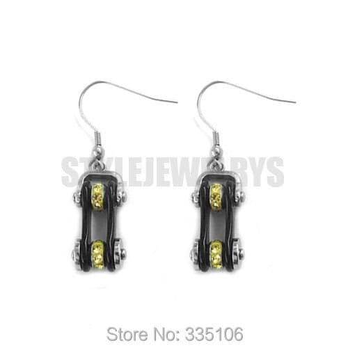 Free Shipping! Black Bicycle Chain Earrings Stainless Steel Jewelry Bling Yellow Rhinestone Motor Biker Earring SJE370118