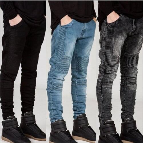 Streetwear Mens Ripped Biker Jeans homme Mens fashion Motorcycle Slim Fit Black White Blue Moto Denim Pants Joggers Skinny Men
