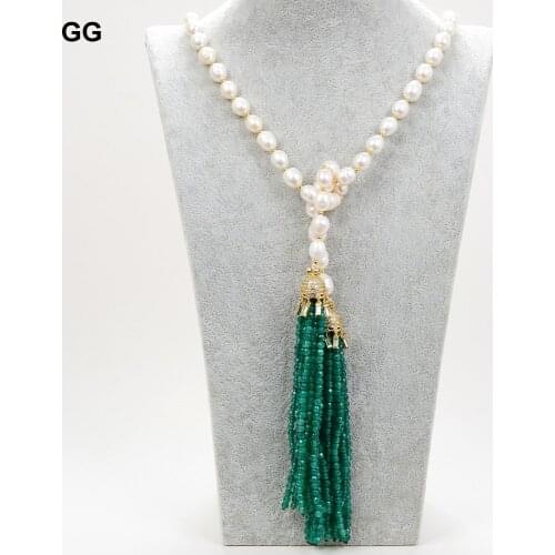 GuaiGuai Jewelry 51'' Cultured White Rice Pearl Green Agates Tassel CZ Pave Pendant Long Necklace