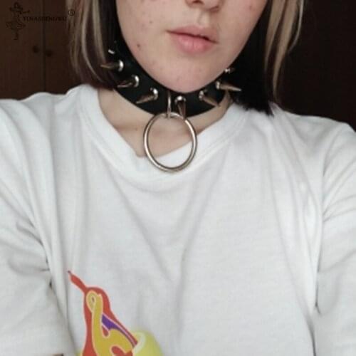 O-Round Ring Punk Rock Gothic Chokers Women Men PU Leather Silver Color Spike Rivet Stud Collar Necklace Statement Party Jewelry