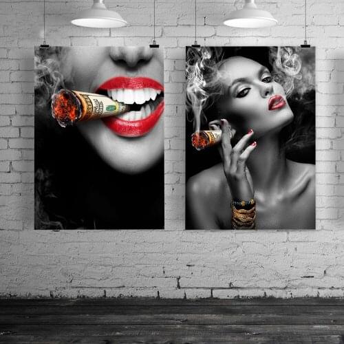 Cuadros Decoration Smoking Cigarette Woman Posters and Prints Canvas Painting Red Lips Wall Art Print Pictures For Living Room