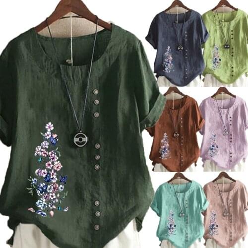 Summer Casual Floral Printed Loose T-shirts Vintage Cotton and Linen O-Neck Plus Size Short Sleeve Blouse Tops For Women S-5XL