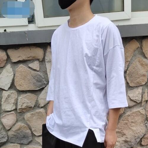 T-shirt summer five-point sleeve trendy mens shirt dark short-sleeved side slit large size T-shirt