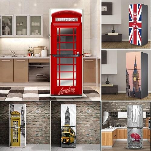 London Pattern Design Self-adhesive Vinyl Fridge Door Sticker Large Mural Cover For Refrigerator Kitchen Furniture Decoration