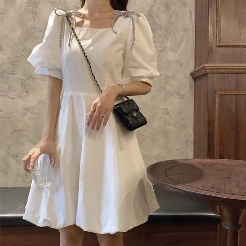 Korean Fashion Puff Sleeve Mini Dresses For Women Elegant Square Neck Bow White Dress Sweet Holiday Party Dress Vestidos Mujer