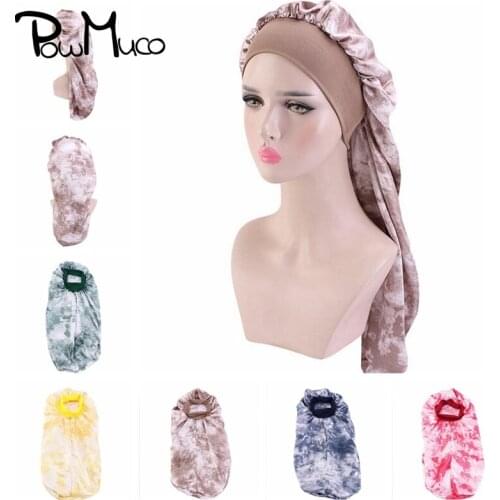 Powmuco 1 PCS Fashion Tie Dye Satin Shower Cap for Women Long Hair Girls Nightcaps Elastic Wide BandSleeping Hat Care Headwear