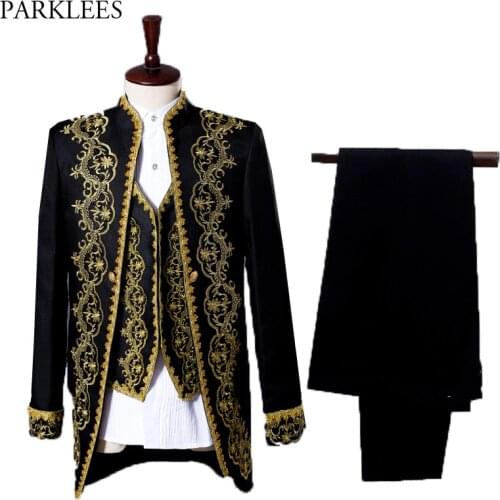 Mens Gold Embroidery 3 Piece Tuxedo Suit (Jacket+Pants+Vest) Party Wedding Festival Costume Homme Singer Opera Stage Suit Jacket