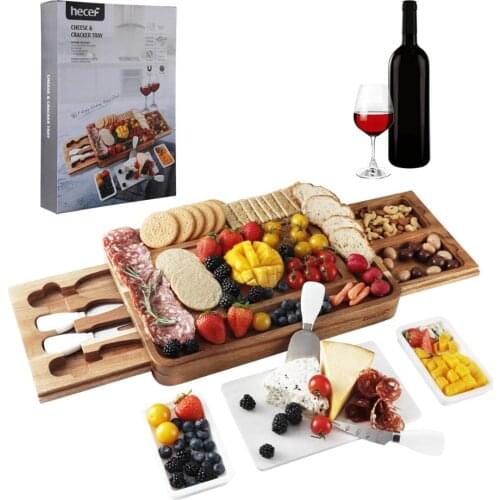 Hecef Acacia Wood Board Set, Square Cheese Platter, Perfect for Serving Cheese, Appetizers and Fruits
