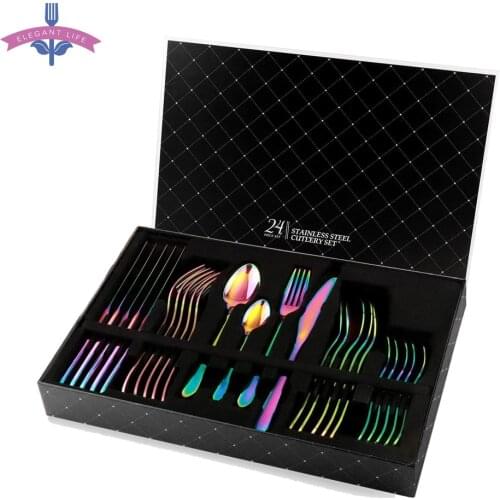 24 PCS Rainbow Tableware Non-fading Flatware Set Cutlery Stainless Steel Dinnerware Set Colorful Hotel Party Kitchen Gift Box