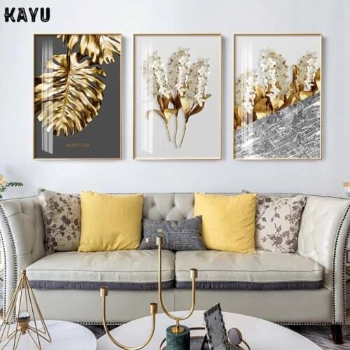 Nordic Golden abstract leaf flower Wall Art Canvas Painting Black white feathers Poster Print Wall Picture for Living Room Decor