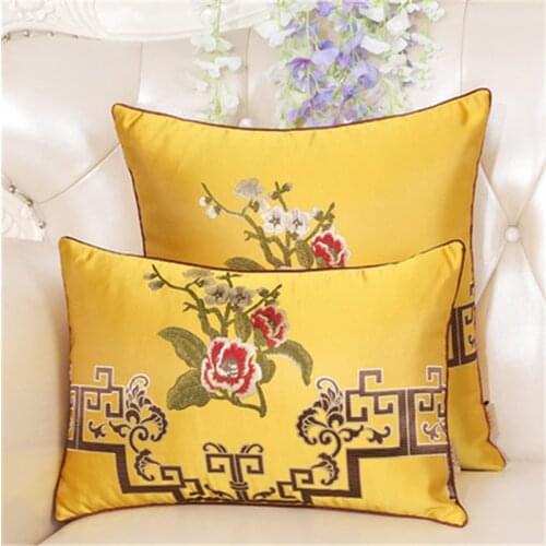 Flower Embroidered New Chinese Style Cushion Cover Waist Pillowcase Pure Color Yellow Green Throw Pillow Cover Home Sofa Decor
