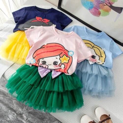 Girls' Clothing 2 Sets 2021 New Summer Dress Two-piece Childrens Baby Cartoon Cotton Short-sleeved Net Yarn Princess Dress