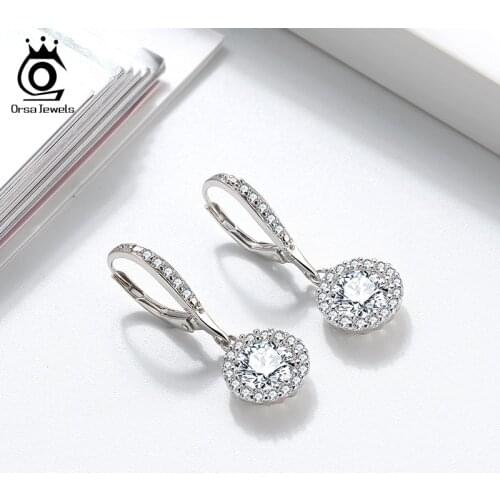 ORSA JEWELS Genuine 925 Sterling Silver Spring Buckle Drop Earrings Women 925 Silver Clear Round AAAA CZ Earrings Jewelry SE243