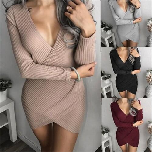 Autumn and Winter New Sexy Deep V Collar Women Tight Pack Hip Bottom Long-sleeved Dress Solid Color Stitching Fashion Dress