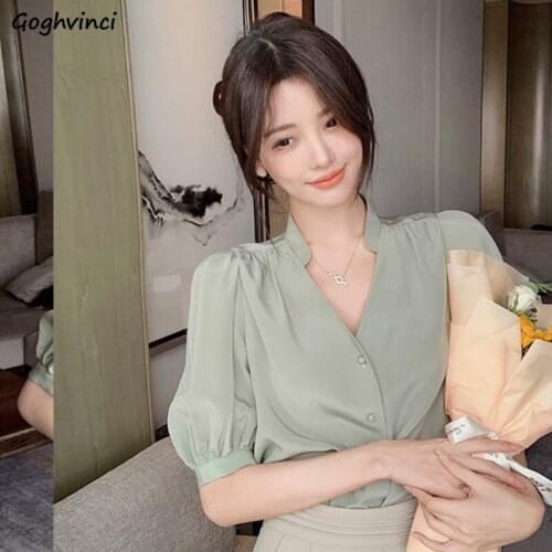 Shirts Women Elegant Solid Half Puff Sleeve Summer Fashion Office Lady Korean Style Temperament Vintage All-match Casual Simple