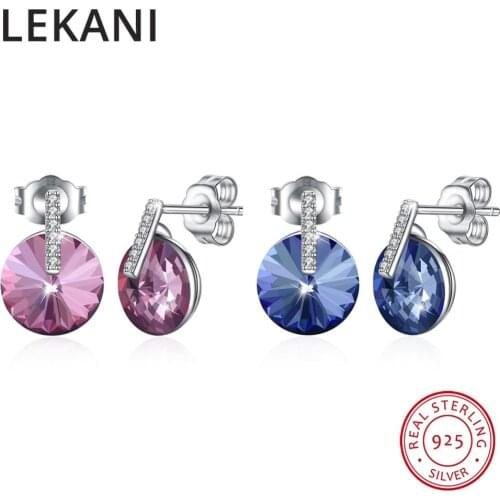 LEKANI Crystals From SWAROVSKI Round Stud Earrings Real S925 Silver Piercing Fine Jewelry For Women Chic Wedding Party Joyas