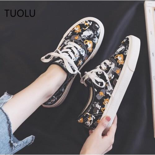 Shoes Women Autumn Summer 2019 New Canvas Girls Students Graffiti Shoes Kitty Cartoon Cat Korean Edition Ins Style White Shoes