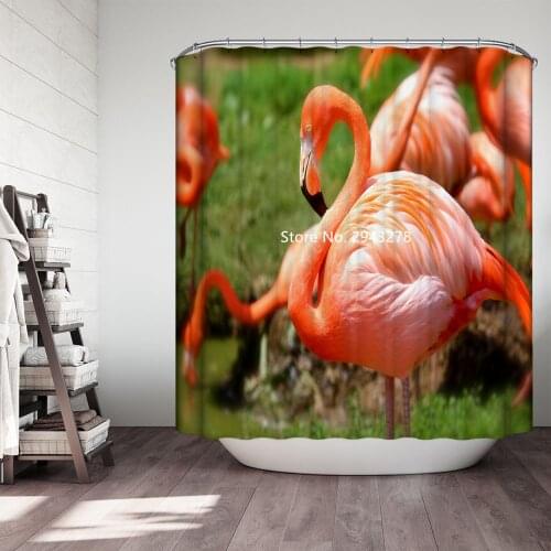 Flamingo Crab Pattern Waterproof and Mildewproof with Hook Washable White Shower Curtain Home Bathroom Decor Colorful Print