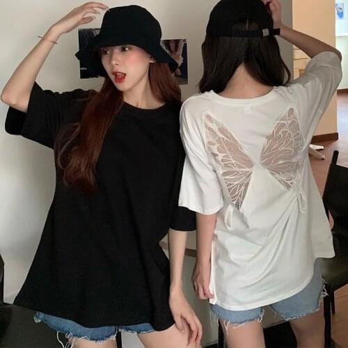 Lady Mesh Spliced Black White Streetwear Harajuku Basic Cotton Top Women Hollow Embroidery Butterfly Gothic T Shirt 2021 Summer