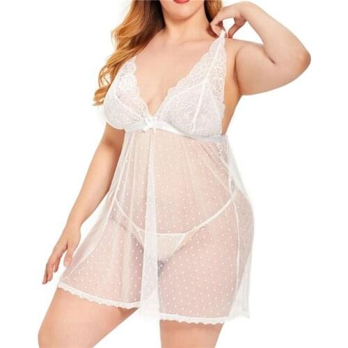 Hot Sale Womens Solid Color Perspective Nightdress Set Deep V-neck See-though Lace Flower Strap Nightdress with G-string Briefs