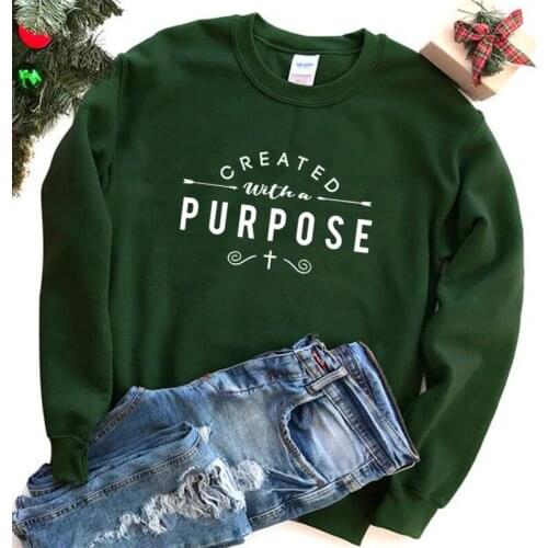 Created With A Purpose Jesus Cross Printed Womens Sweatshirt Long Sleeve Christian Graphic Pullovers Black Winter Top Dropship
