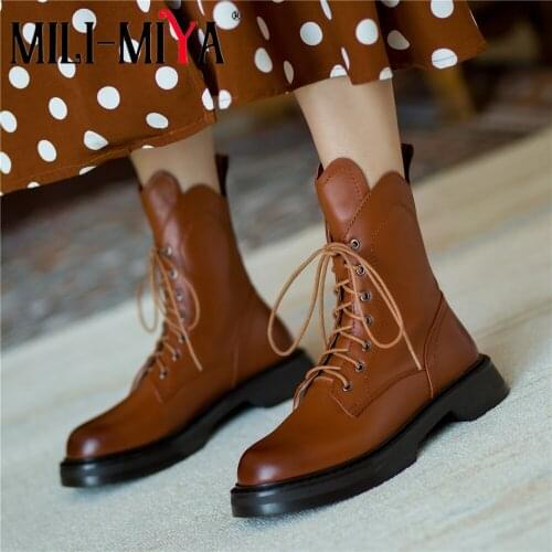 MILI-MIYA New Genuine Leather Ankle Boots Gladiator Lace Up Designer Women Round Toe Thick Heels Cross Tied Daily Life Shoes