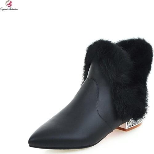 Original Intention Fur Ankle Boots Woman Winter Pointed Toe Warm Shoes Crystal Low Heels Casual Shoes Female Large Size 3-10.5