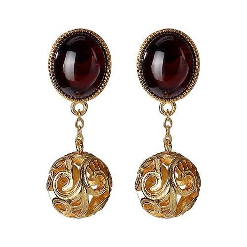 925 sterling silver gold plated Natural Amber Blood Amber Ear studs Personality Hollow out Temperament Ladies Eardrops Earrings