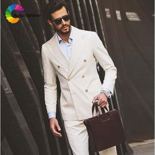 2019 Slim Fit Beige Men Suits For Wedding Groom Double Breasted Costume Prom Formal Tailored Tuxedo Best Man Blazer Traje Hombre