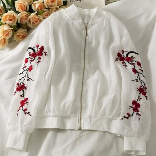 2021 Design New Floral Embroidery See Through Sun Protection Thin Jacket Outwear Zip Up Women Summer Cardigan Coat